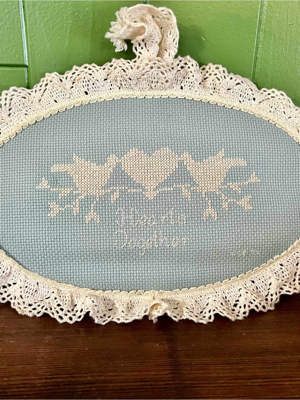 Vintage Cross Stitch Wall Hanging Blue Country Gma Core  Birds Hearts together